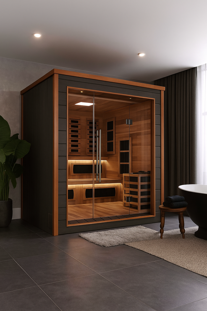 Karlstad 6 Person Outdoor-Indoor PureTech Hybrid Full Spectrum Sauna – Canadian Red Cedar Interior