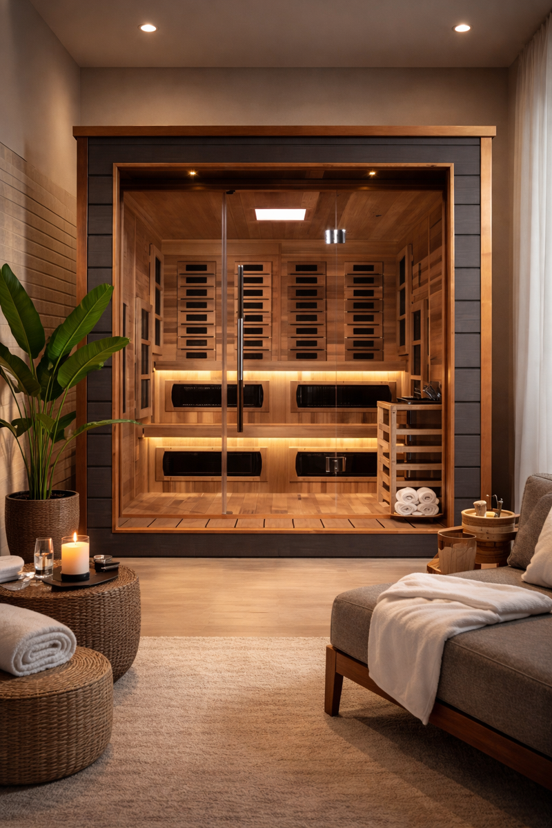 Karlstad 6 Person Outdoor-Indoor PureTech Hybrid Full Spectrum Sauna – Canadian Red Cedar Interior