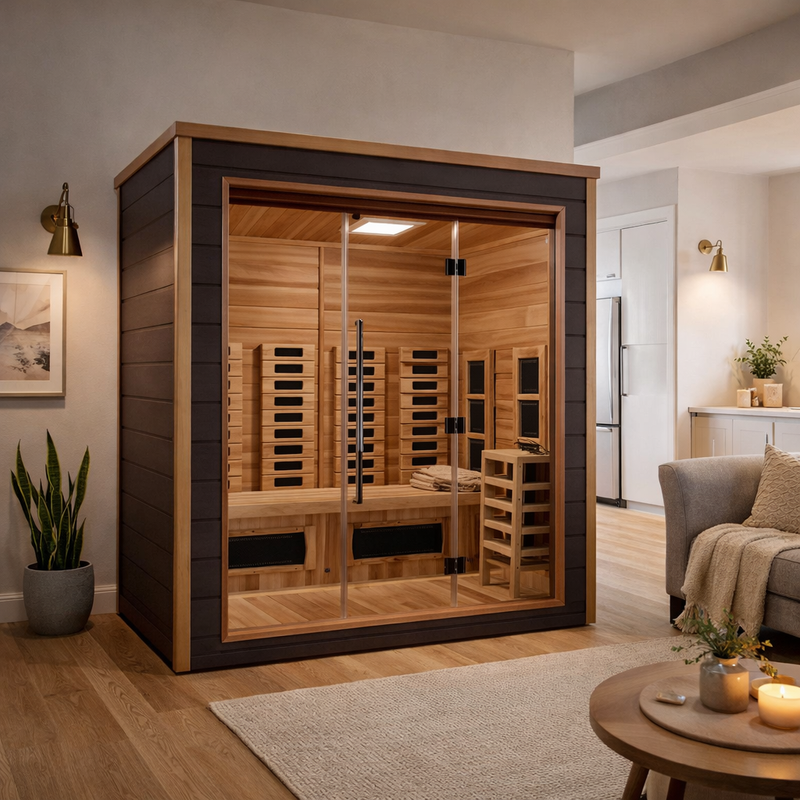 Visby 3 Person Outdoor-Indoor PureTech Hybrid Full Spectrum Sauna – Canadian Red Cedar Interior