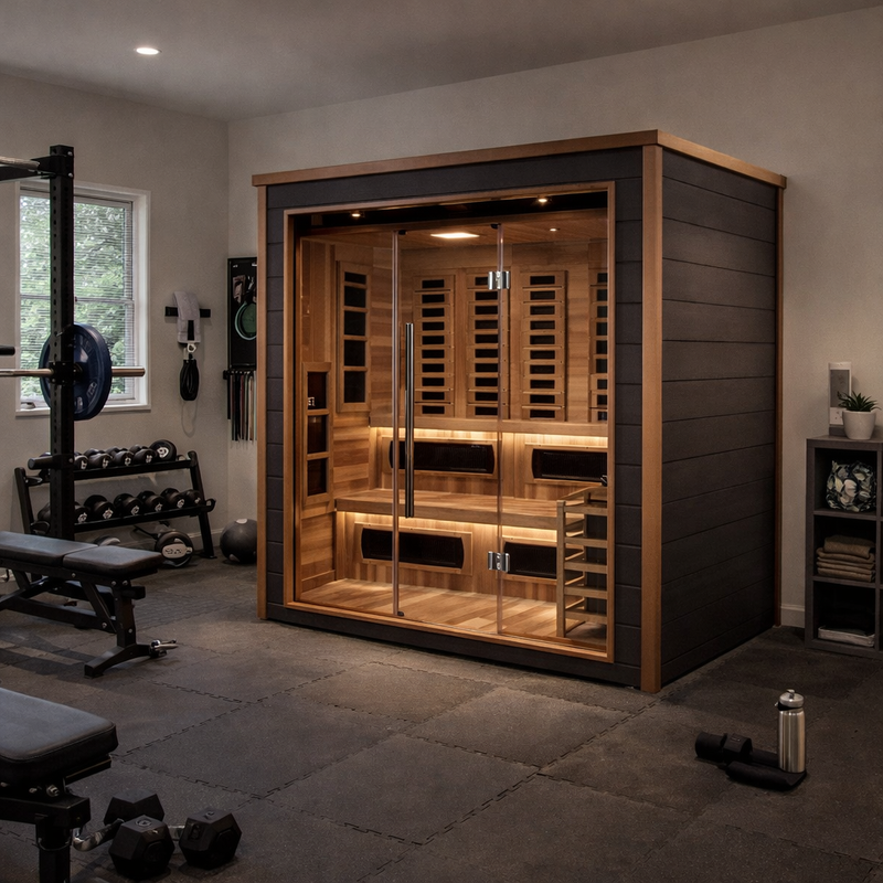 Visby 3 Person Outdoor-Indoor PureTech Hybrid Full Spectrum Sauna – Canadian Red Cedar Interior