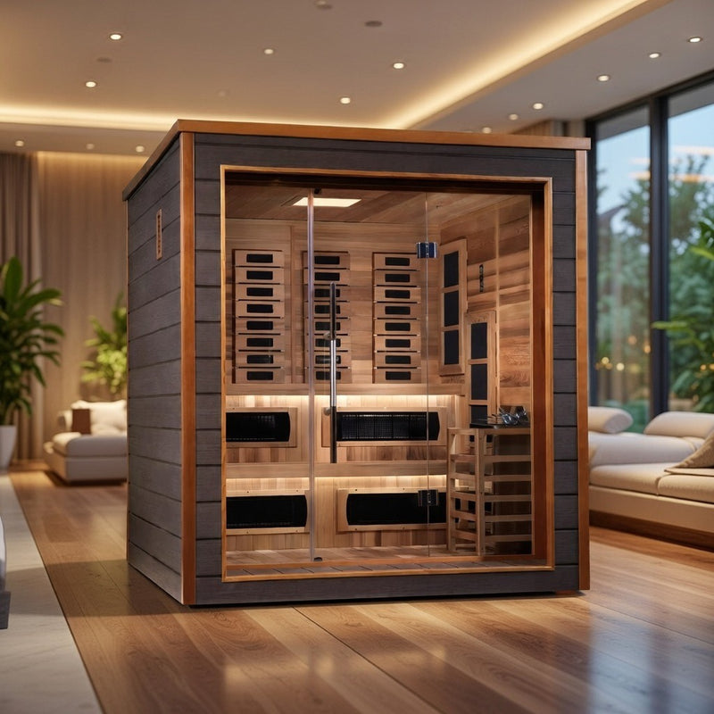 Karlstad 6 Person Outdoor-Indoor PureTech Hybrid Full Spectrum Sauna – Canadian Red Cedar Interior
