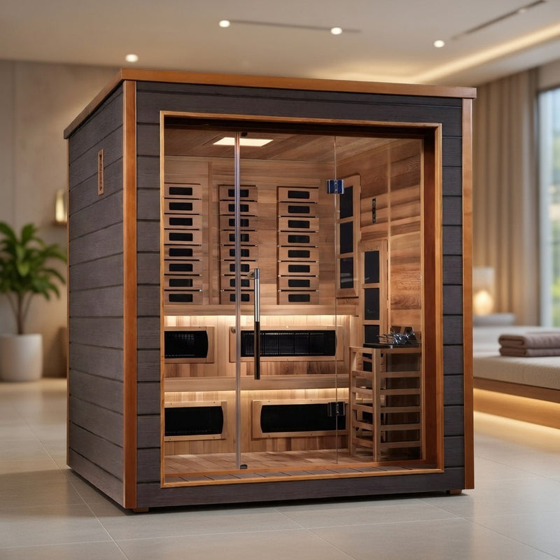 Karlstad 6 Person Outdoor-Indoor PureTech Hybrid Full Spectrum Sauna – Canadian Red Cedar Interior