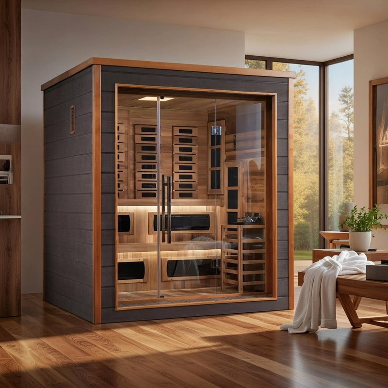 Karlstad 6 Person Outdoor-Indoor PureTech Hybrid Full Spectrum Sauna – Canadian Red Cedar Interior